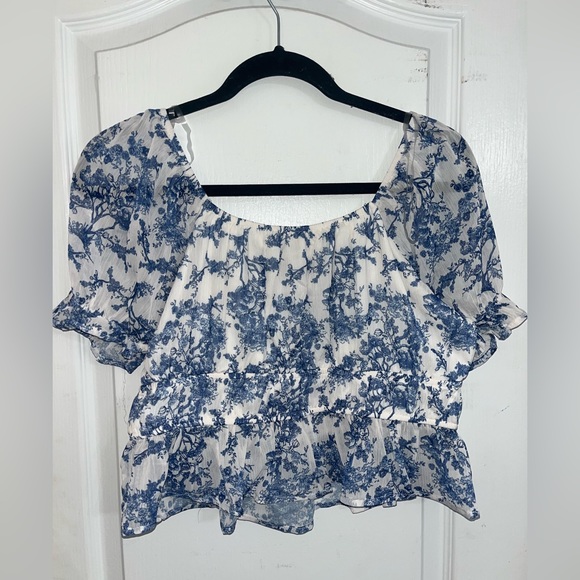 Forever21 Cropped Short Sleeve Top Blue and White NWT - L - Picture 3 of 3